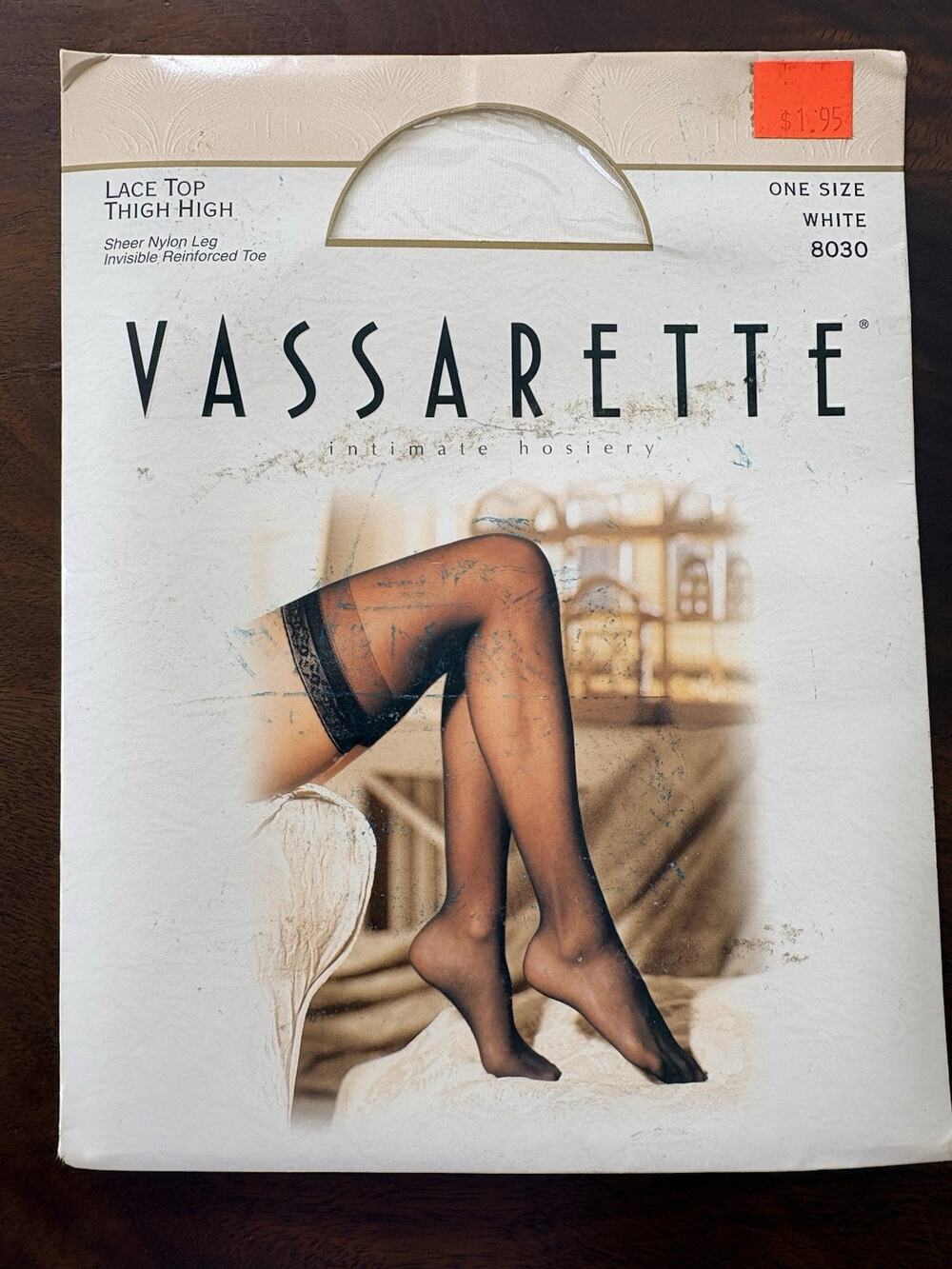 Vassarette Thigh High Stockings Hosiery White Sheer 8030 Lace Top Intimate NOS